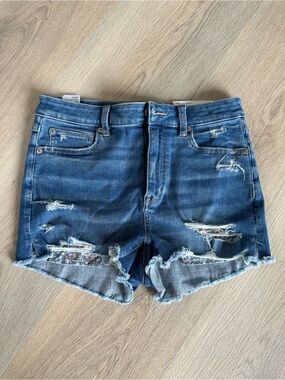 American Eagle Distressed Dark Blue Denim High Rise Shortie Shorts